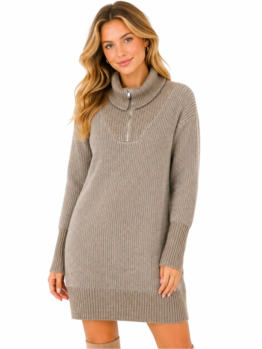 Cupcakes and Cashmere Womens Sweater Dress‎ Medium Brown Ribbed Notch Collar